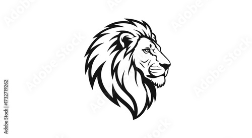 A striking black and white illustration of a majestic lion's head in profile, showcasing detailed mane.