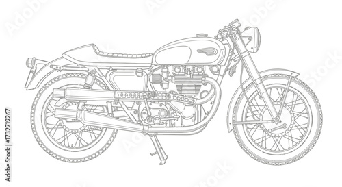 Detailed line drawing of a vintage motorcycle, showcasing its engine, exhaust, and classic design.