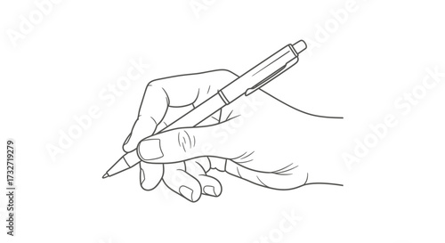  A hand holding a pen, drawing or writing on a surface with a single continuous line.