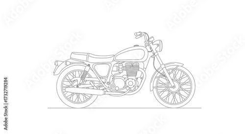 A detailed line drawing of a vintage motorcycle, showcasing its classic design and components.