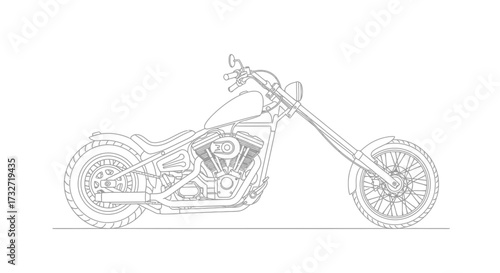 Line art illustration of a chopper motorcycle, side view, showcasing the engine, wheels, and frame details.