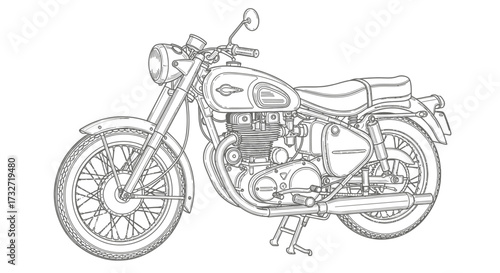 Detailed line drawing of a classic motorcycle, showcasing its design and construction.