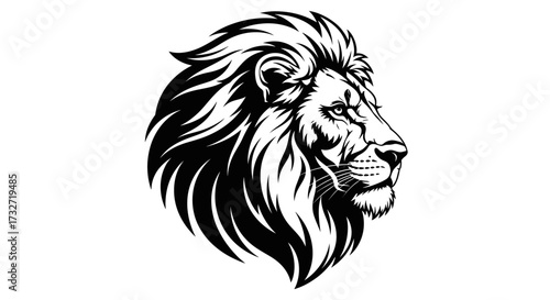 A black and white illustration of a lion's head in profile, with a detailed mane.