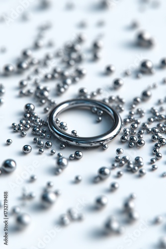 Wallpaper Mural Glossy metallic ring lies among scattered chrome spheres of various sizes on a clean white surface in an abstract layout Torontodigital.ca