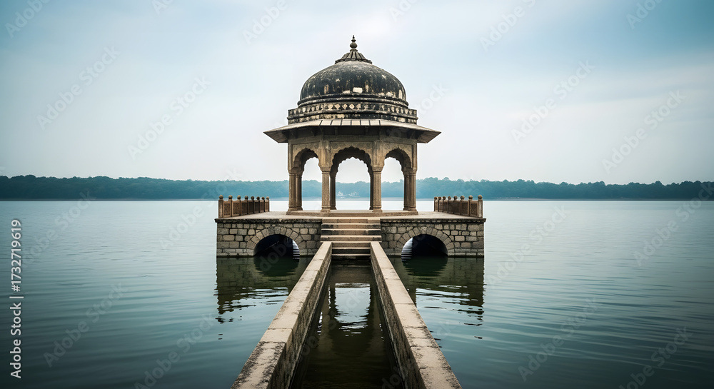 Obraz premium Majestic Man Mandir Palace Pavilion on Sagar Lake, a serene architectural marvel in Madhya