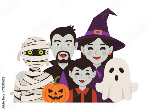 Halloween Family: A vibrant illustration of a spooky family, each member dressed in creative costumes, from a mummy and vampire to a witch and a ghost, gathered around a carved pumpkin.