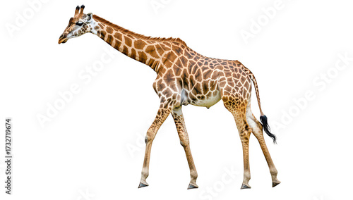A graceful giraffe walking elegantly across a bright white background. its unique patterns and long neck. perfect for educational or wildlife-themed projects
