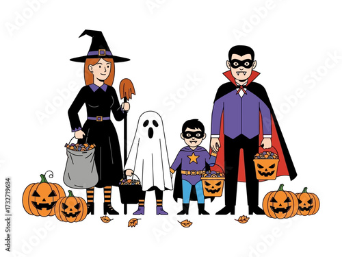 Halloween Family: A family in spooky costumes pose, accompanied by pumpkins, candy baskets and leaf, ready for trick-or-treating under the night sky.