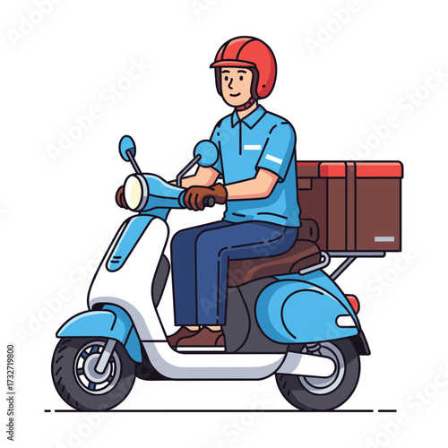 Delivery man riding a scooter with a package box, fast service concept