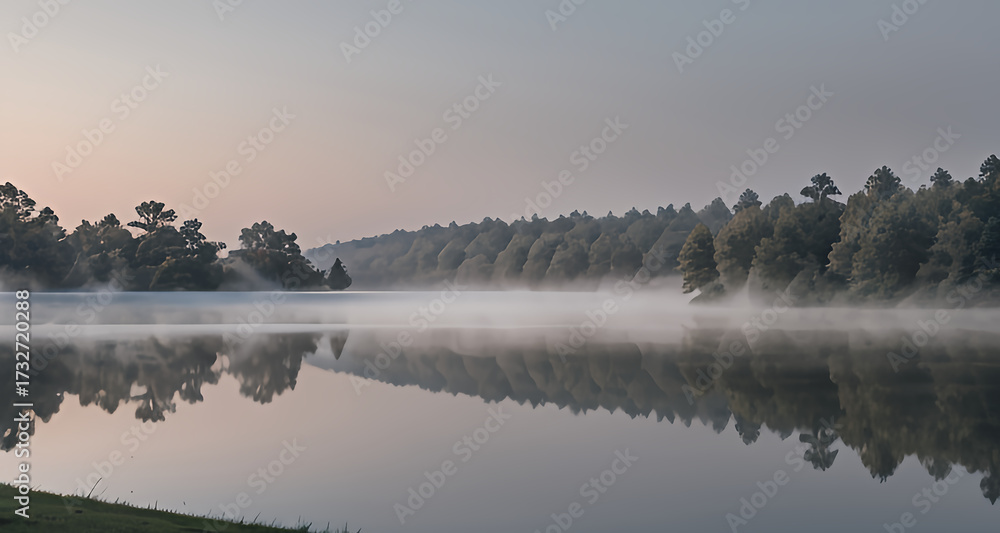 Fototapeta premium Tranquil Misty Morning on a Lake with Perfect Reflection