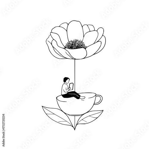 Person sitting in a teacup holding a tablet beneath a large flower in a black and white illustration