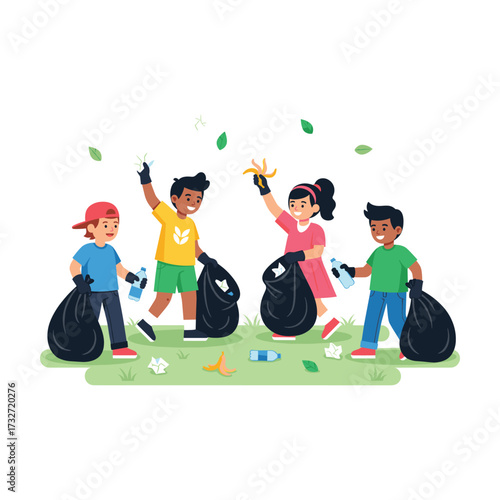 Children cleaning up park, collecting trash in bags for environmental awareness