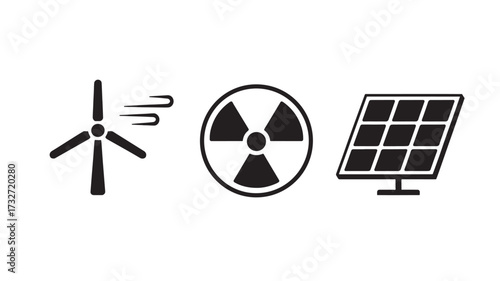Set of alternative energy source icons including wind turbine nuclear power and solar panel vector glyph for sustainable energy concept