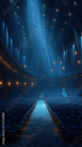 Light filters through an elegant theater, illuminating rows of empty seats in a tranquil setting