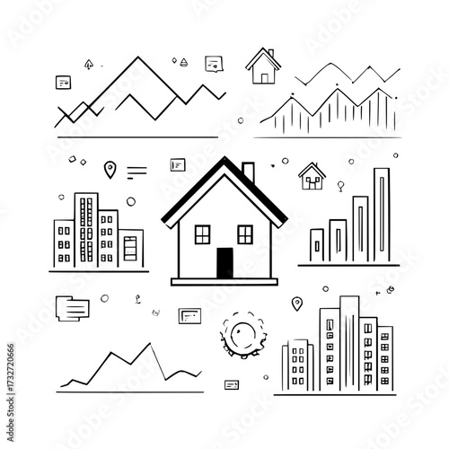 Illustration showing houses buildings graphs and charts in black and white sketch style for real estate analysis