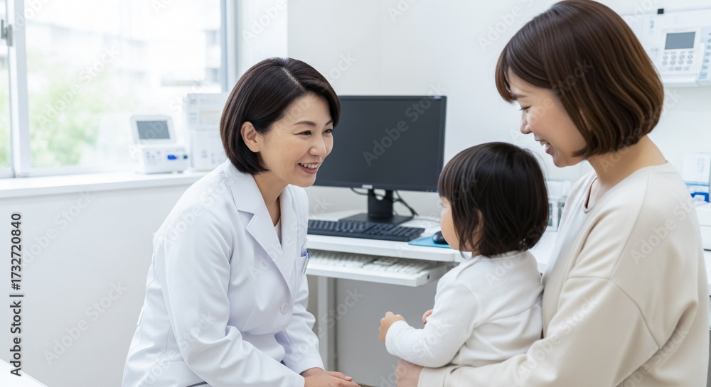 Fototapeta premium 小児科で診察を受ける赤ちゃんと母親