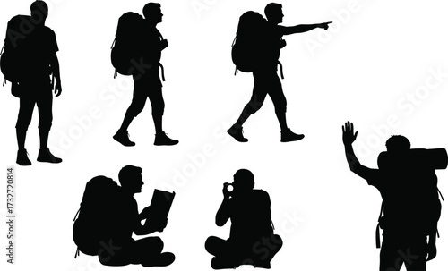 Silhouettes of diverse male and female backpackers and hikers in various poses, including walking, pointing, and resting, on a white background, a vector illustration for travel and adventure