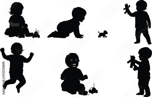Silhouettes of happy baby and toddlers playing and crawling, including a laughing child and one jumping, a vector illustration for childhood and family themes