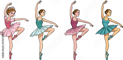 Beautiful ballerina girls in colorful dresses, classical ballet performance, elegant dance pose, artistic illustration, graceful movement, stage art, creative character