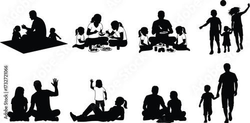 Silhouettes of diverse family groups in various activities, including a picnic, playing, and walking, a vector illustration for family life and leisure