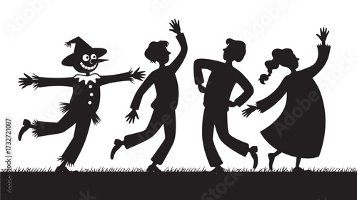 Silhouette of a scarecrow and children dancing a vector illustration for Halloween or autumn-themed designs isolated on white