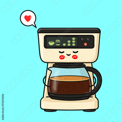 Cute loving coffee maker brewing fresh coffee drink