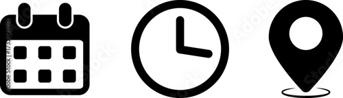 Calendar clock and location pin icons representing time date and place