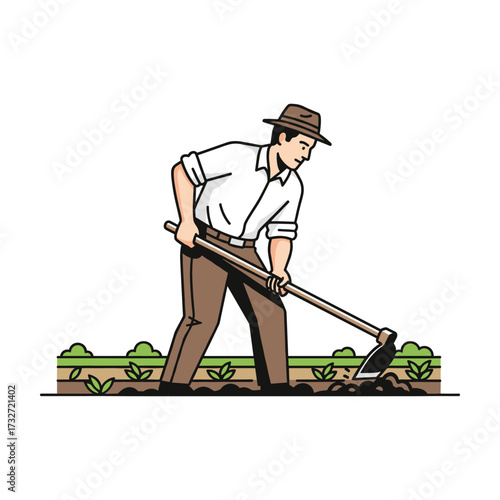 Farmer working in field with hoe, agricultural labor, vintage style illustration