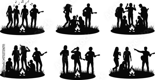 Silhouettes of diverse groups of friends around a campfire, playing guitar, singing, and enjoying a summer night, a vector illustration for music and travel design