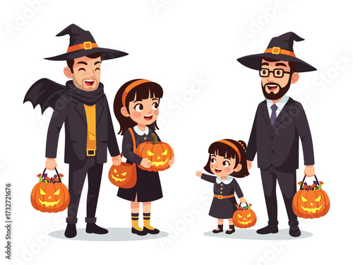 Halloween Family Fun: Adorable families revel in the spirit of Halloween, donned in whimsical costumes. Joyful children clutch carved pumpkins, sharing in the festive magic of the holiday.