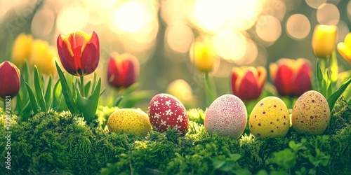 Easter eggs resting in a tulip garden during springtime sunshine