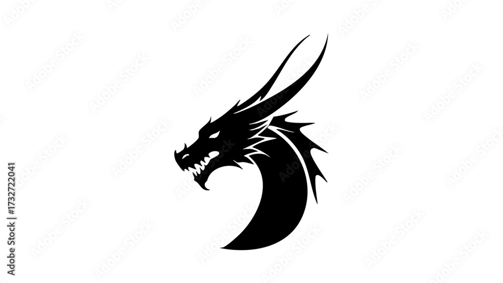Naklejka premium black dragon tattoo with big horns vector shape illustration