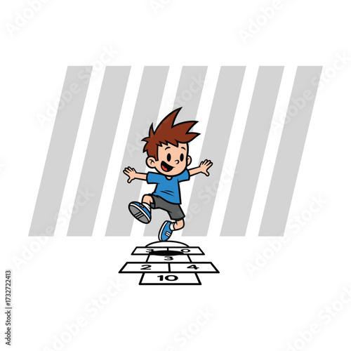 Happy cartoon boy jumping on hopscotch court, playing outdoor game