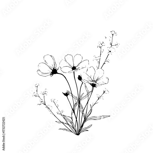 Elegant floral arrangement featuring cosmos flowers and delicate sprigs in a monochrome illustration style