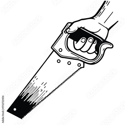 Hand Holding a Vintage Black and White Saw Blade with Wooden Handle Keywords: hand, holding, saw, blade