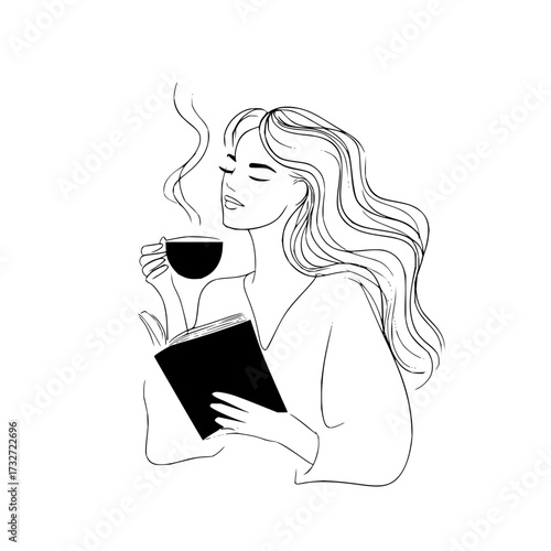Woman with long hair reading a book while drinking a steaming cup of coffee in black and white line art