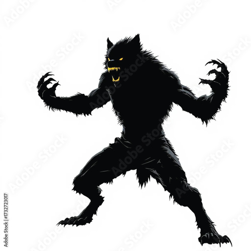 Werewolf Silhouette Vector — Black and White Illustration of Aggressive Creature with Glowing Eyes, Fangs, and Jagged Fur