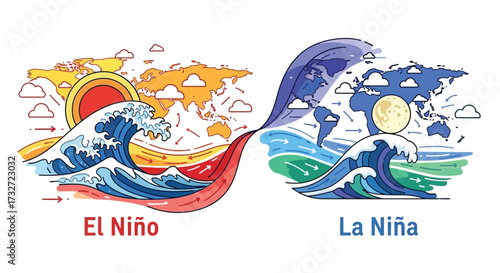 	An abstract visual representation showing the global impact of El Niño with warm waves and a red map, compared to La Niña with cool waves and a blue map, indicating worldwide weather patterns