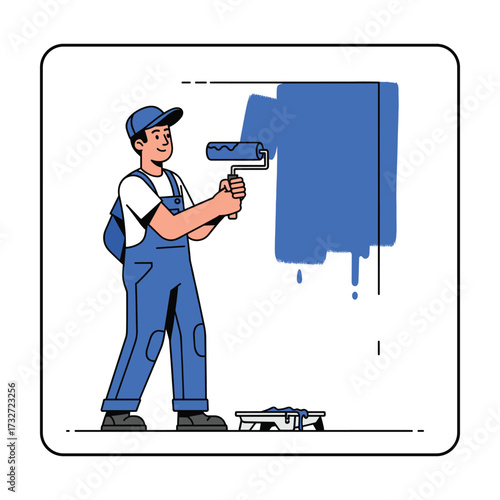 Professional painter in blue overalls applying blue paint to a wall with a roller