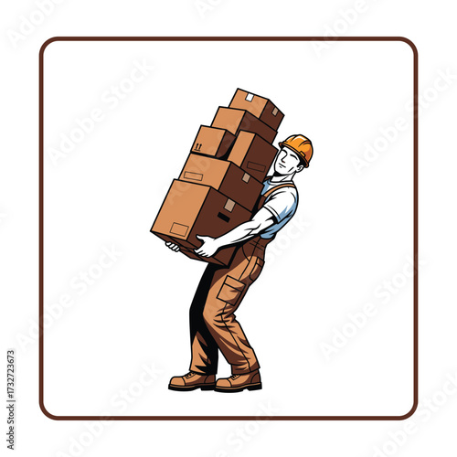 Construction worker carrying heavy stack of cardboard boxes, logistics and delivery concept