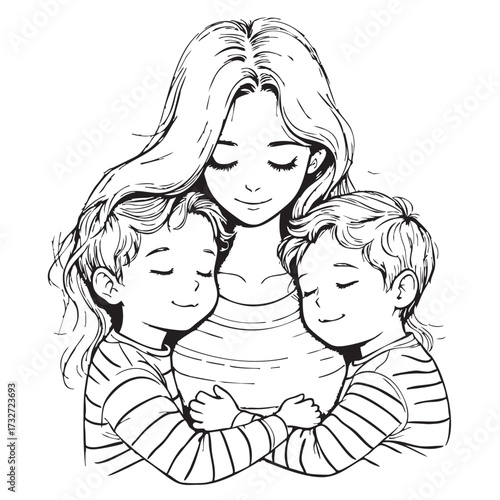 Mother and Children Vector — Black and White Illustration of Family Hug with Serene Expressions and Emotional Bonding