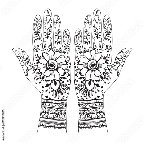 Henna Hands Vector — Black and White Illustration of Symmetrical Mehndi Designs with Floral Motifs, Leaves, and Ornamental Bands