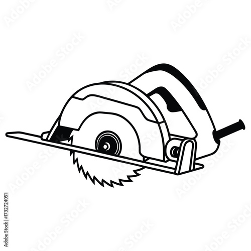 Outline Illustration of a Circular Saw with Sharp Blade and Handle Keywords: circular saw, tool, outline