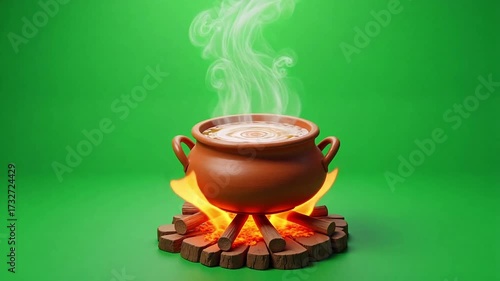clay pot simmers over campfire embers, releasing fragrant steam, perfect for culinary adventures and cozy scenes.