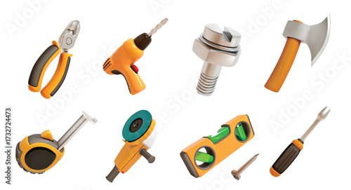 Construction Tools isolated vector 3d icon set for DIY and Maintenance with drill, Bubble Level, measuring tape. Hand tools for repair and construction.