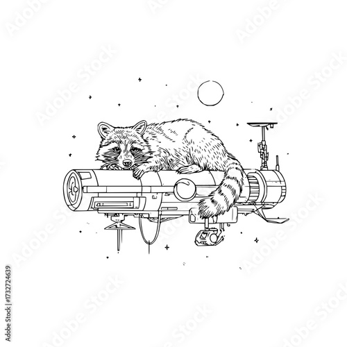 Raccoon resting on a futuristic vehicle under a moonlit sky with stars in a black and white illustration