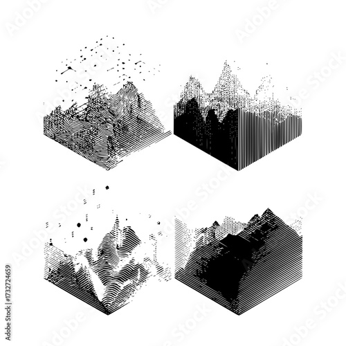 Isometric representation of four abstract landscapes with varied textures and black and white gradients