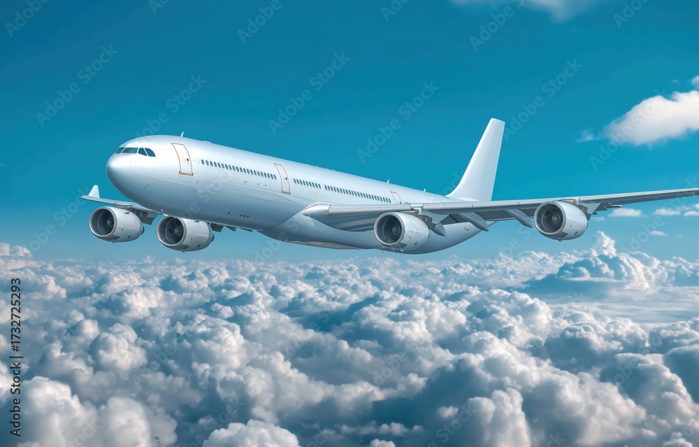 Obraz premium Commercial airliner soaring above a cloud-covered sky in bright daylight