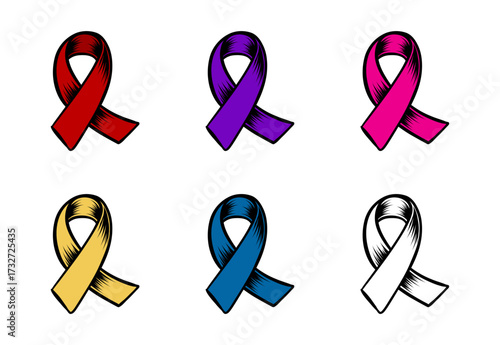 Hand Drawn  Awareness Ribbon Set Red, Pink, Purple, Blue, Yellow, White