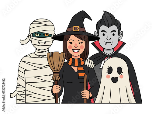 Spooky Ensemble: A collection of classic Halloween characters ready for an enchanting night, featuring a mummy, a witch, a vampire, and a ghost.